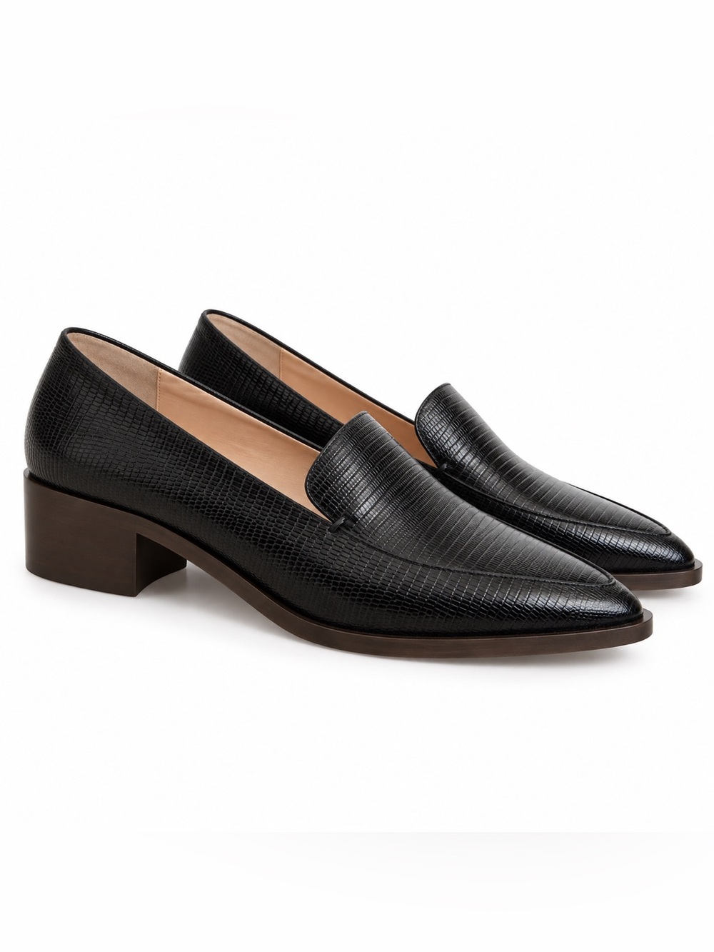 Club Monaco Black Lizard-Embossed Leather Heeled Loafers